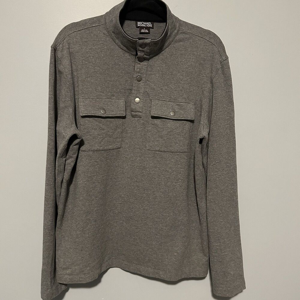 Michael Kors Mens Pullover Sweater Size Large Gray Long Sleeve Snap Up Closure